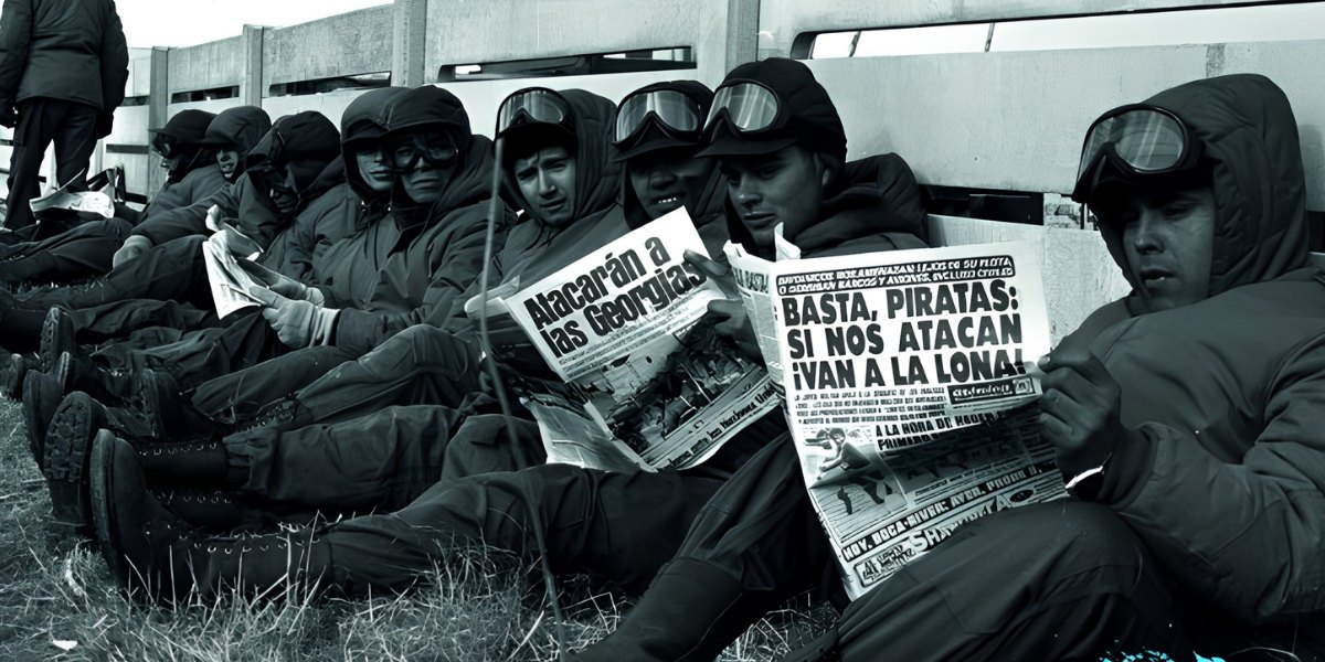 Black and white documentary photograph of people seated on the ground holding protest newspapers