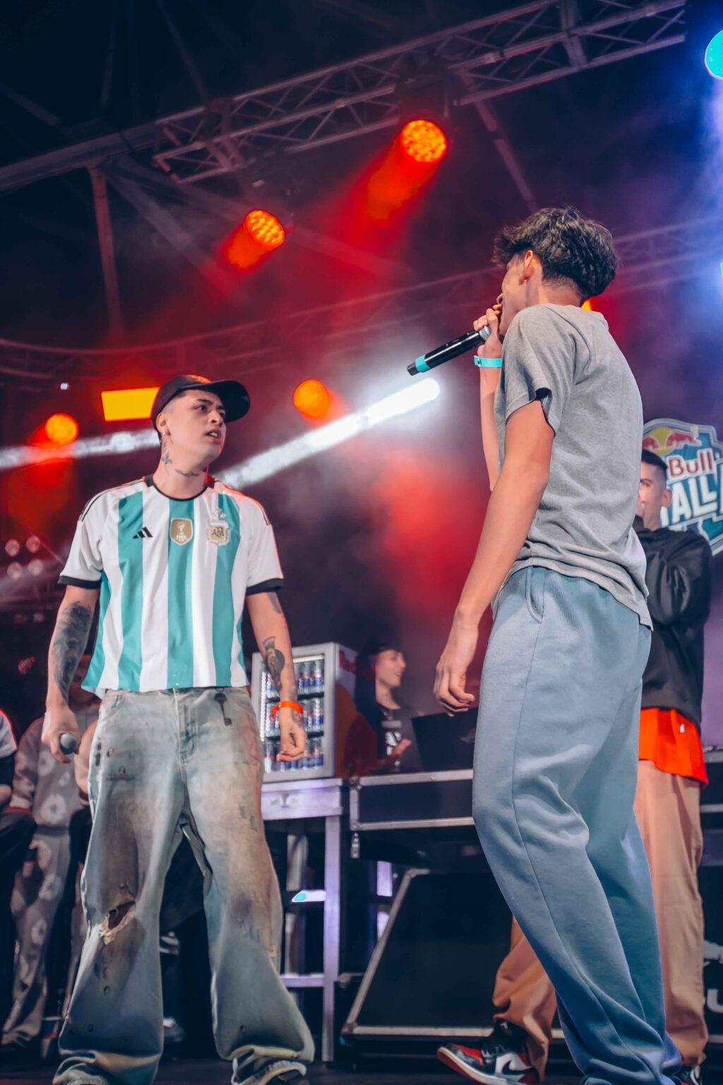 Two MCs side by side on stage — Red Bull Batalla, Final Nacional Argentina 2024, 1 June 2024. Photographed by Anita Almaraz.
